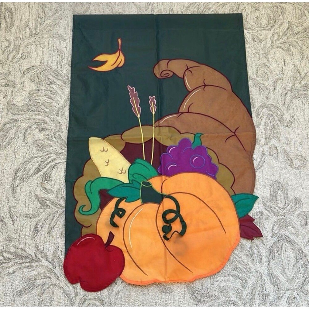 Pumpkin cornucopia fall Thanksgiving holiday nylon flag. 3.5 x 2.5‎ feet.